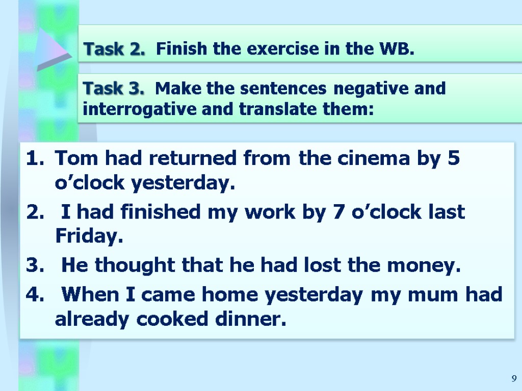 Task 2. Finish the exercise in the WB. Tom had returned from the cinema